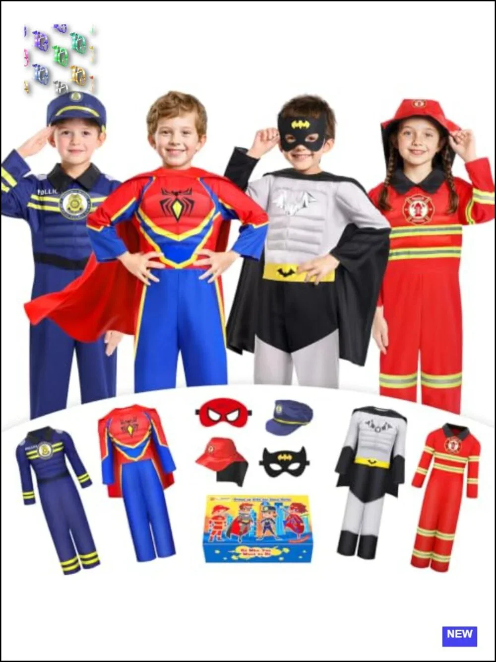 Kids Boys Muscle Chest Costume Set 4-in-1 Fireman Policeman Role Play Dress Up